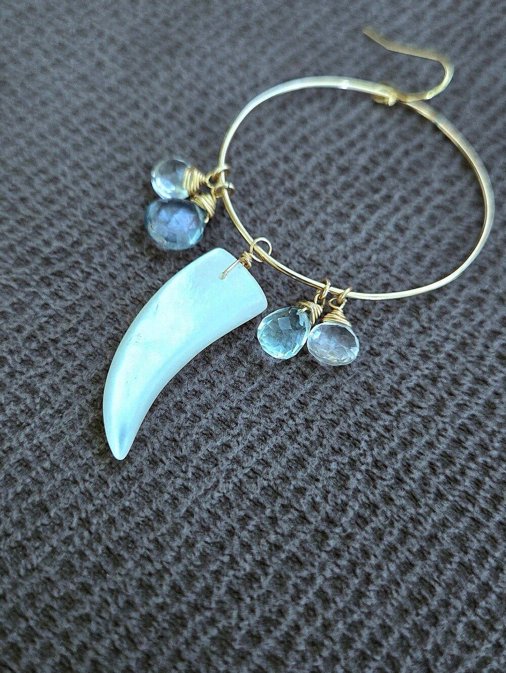 Open Gold💛 Circle⭕️ Earrings with Mother of Pearl Horn📯 and Gemstones💎 - Picture 6 of 15